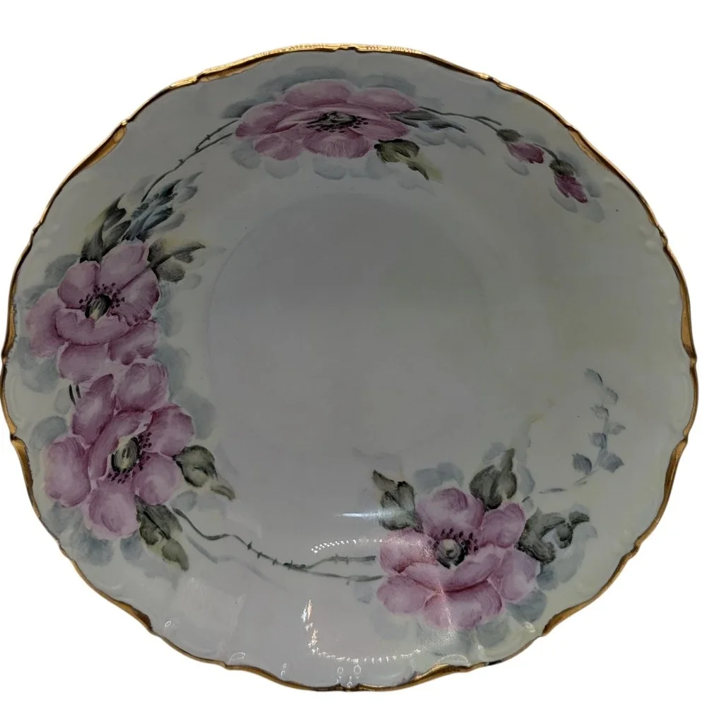 Vintage Seltmann Weiden Serving Bowl Green‎ Pink Floral Hand Painted Nine in SEE